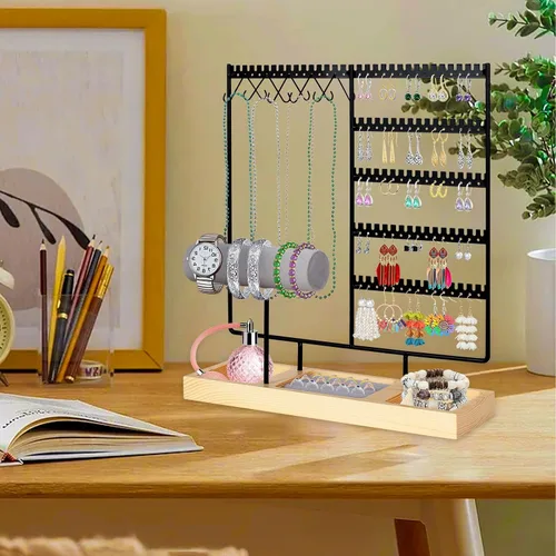 Vista 5 de Barelove Soporte organizador de joyas, estante de metal de 5 niveles para aretes con pantalla de 108 agujeros, 12 ganchos para collares, torre