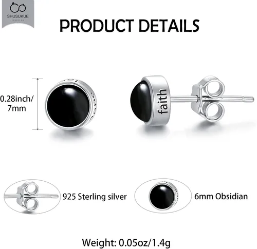 Vista 5 de SHUSUKUE Christmas Jewelry Gifts 6mm Round Gemstone Stud Earrings 925 Sterling Silver Faith Hope Love Earrings Natural Healing Crystal Jewelry for
