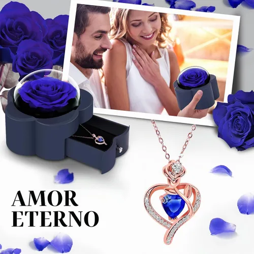 Vista 4 de Rosa preservada con collar de corazón, regalo de flor eterna para mamá, esposa, novia, mujer, perfecto para el día de San Valentín, cumpleaños, Azul