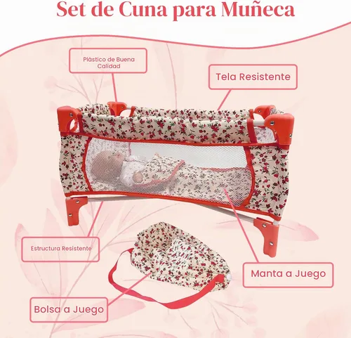Vista 3 de Cuna de Juguete para Muñeca Bebé, Accesorios para Muñeca Bebé, Juego de Cama de Muñeca Bebé para Niñas de 3 Años y Niñas de 5+ Años, Artículos