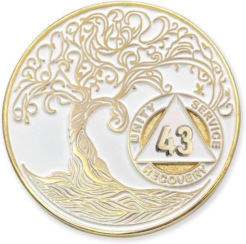 Vista 41 de 1 año Sobriety Mint Twisted Tree of Life Medallón de recuperación AA chapado en oro, chip/ficha - negro