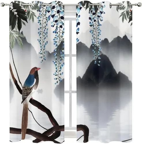 Vista 8 de Cortinas opacas para oscurecer la habitación con ojales, diseño de flores japonesas con ojales, arte retro de primavera y ramas florales, arte