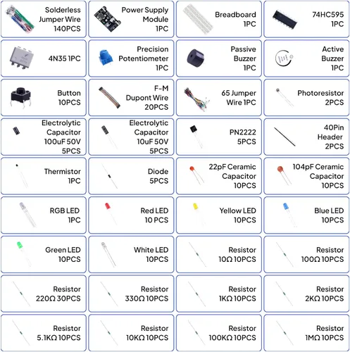 Vista 5 de ELEGOO Kit de diversión electrónica mejorada con módulo de fuente de alimentación, cable de puente, potenciómetro de precisión, placa de prueba