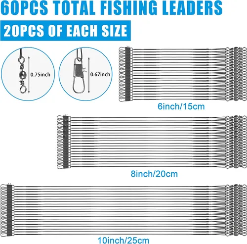 Vista 2 de OROOTL Fishing Leaders Kit, 60pcs Stainless Steel Fishing Leaders Saltwater Wire Leader Lines with Swivels Snaps Fishing Tackle Lures Bait Hook
