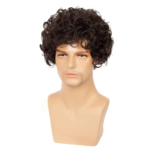 Vista 4 de Pelucas cortas y rizadas marrones para hombres, pelo corto en capas de aspecto natural, resistente al calor, pelucas sintéticas con gorra de peluca
