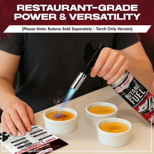 Vista 4 de Combo de Encendedor de Antorcha de Butano con 4 x 8 oz. de Combustible de Butano de Chef Master, Antorcha de Cocina Recargable para Brulee, Postres