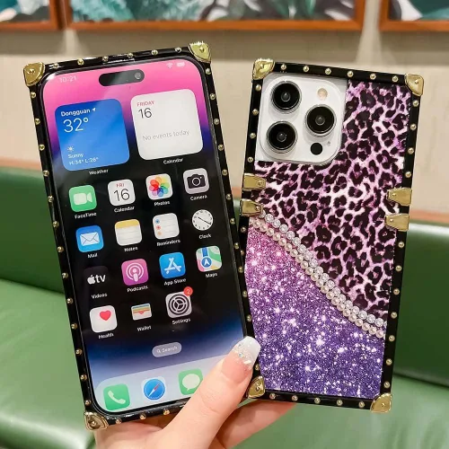 Vista 3 de Funda cuadrada de lujo compatible con iPhone 13 Pro Max de 6.7 pulgadas, funda de leopardo brillante, silicona suave y brillante a prueba de golpes