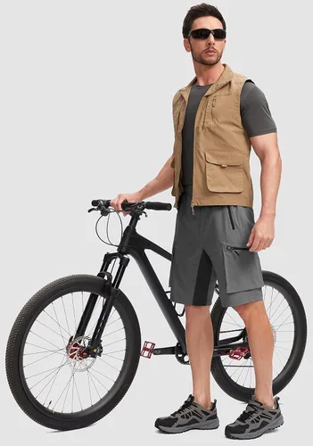 Vista 6 de Bikewa Pantalones cortos de ciclismo de montaña para hombre, con acolchado 3D, ajuste holgado, con bolsillos con cremallera