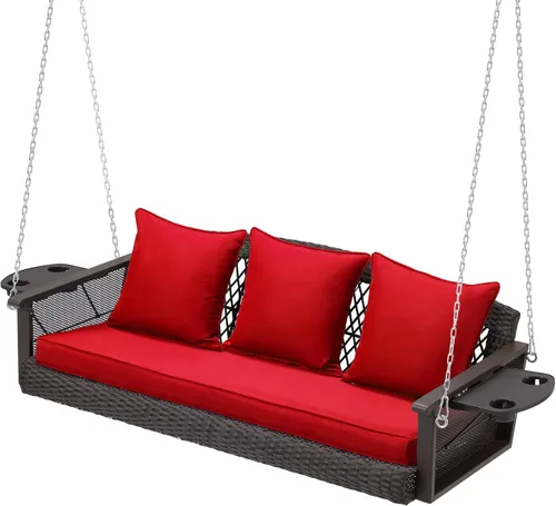 Vista 13 de HOMREST Columpio de mimbre para porche para 3 personas con portavasos mejorado, silla colgante de 56 pulgadas con cojines, columpio al aire libre