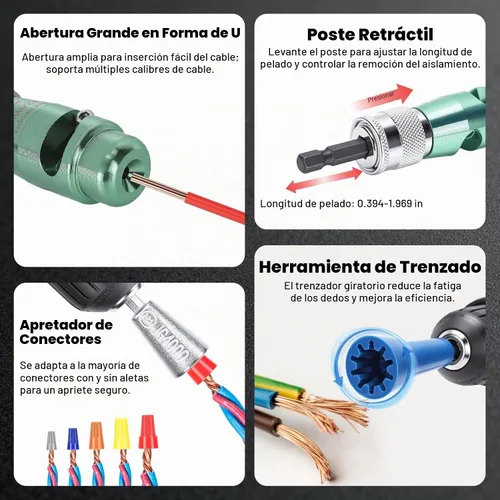Vista 4 de Kit de pelacables 8 en 1 para taladro eléctrico con conector giratorio, herramienta automática de pelado de cables, pelacables de taladro
