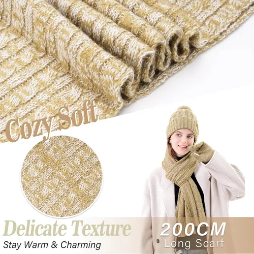 Vista 4 de Conjunto de bufanda larga de punto acanalado con forro polar y gorro para pantalla táctil, regalos para mujer