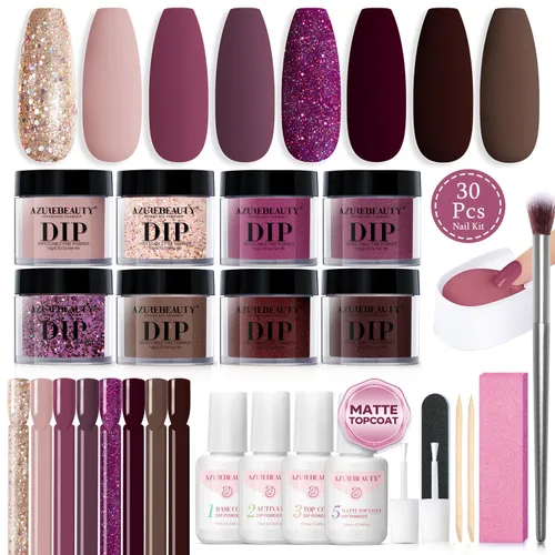 Vista 13 de AZUREBEAUTY Kit de uñas en polvo de inmersión, gelatina translúcida blanca lechosa, rosa desnudo, neutro, claro, 8 colores, juego de polvo