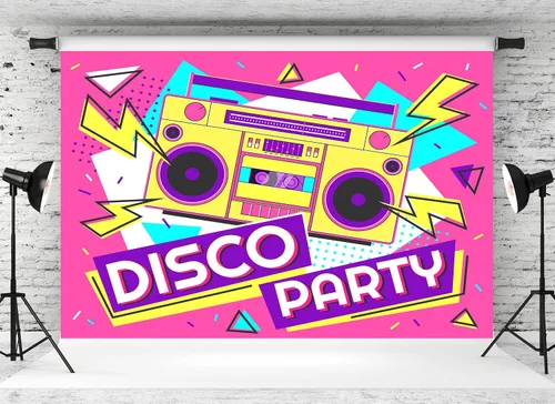 Vista 2 de 5x3ft Disco Party Backdrop Retro Boombox Colorful Geometric Patterns Background for 70s 80s 90s Night Club Dancing Music Birthday Lets Boogie Party