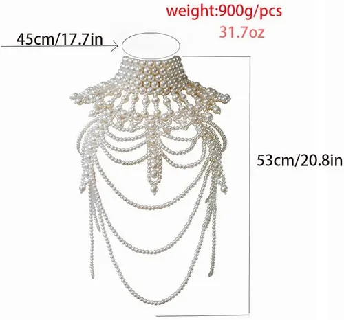 Vista 6 de YWCUTE Collar sexy trenzado con flecos de perlas y cadena de cuerpo de perlas de moda francesa multicapa, Beige