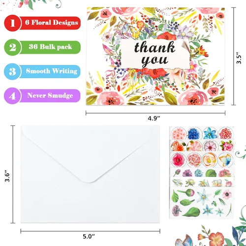 Vista 3 de Feela - Tarjetas de agradecimiento con sobres, paquete de 36 notas florales de agradecimiento con 36 sobres, 6 hojas de calcomanías de Feela