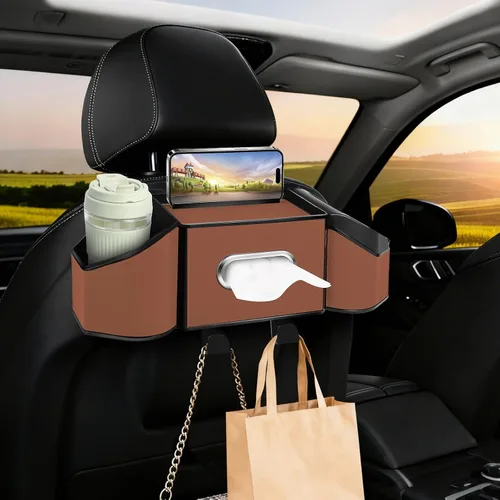 Vista 13 de Organizador de respaldo de asiento de automóvil 7 en 1 con portavasos, caja de pañuelos, cubo de basura y ganchos, organizador de almacenamiento
