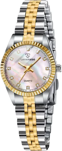 Vista 8 de Juego de reloj de oro para mujer, chapado en oro de 18 quilates, brazalete brazalete anillo para mujer, delicado reloj analógico impermeable