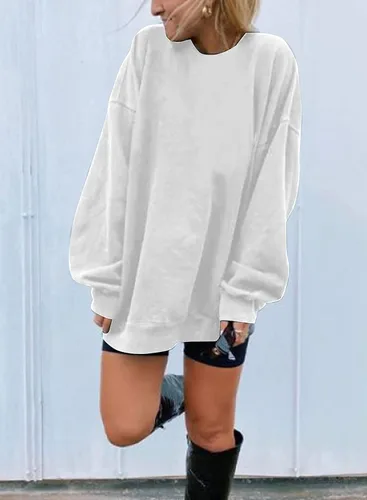 Vista 2 de Sudaderas de manga larga de gran tamaño para mujer, con cuello redondo, de color puro y estilo informal