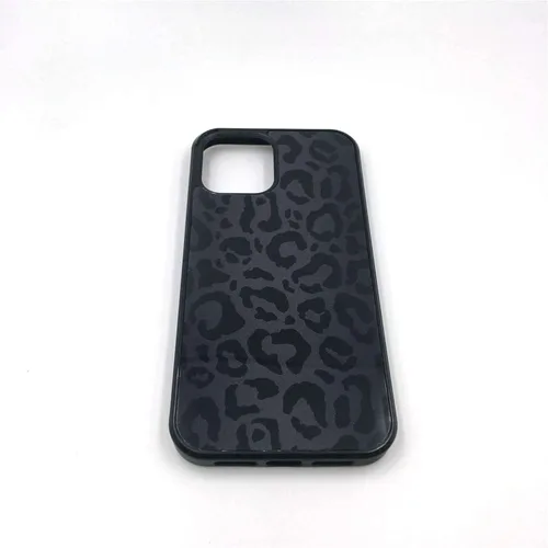 Vista 5 de Funda compatible con iPhone 14, piel de animal de leopardo negro, delgada, suave, TPU negro + funda protectora de espejo templado para Apple 14