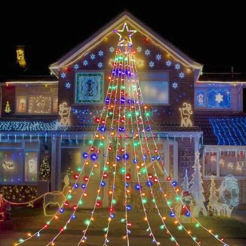 Vista 8 de Luces de Cadena de Estrella de Navidad, 320 Luces LED de Cascada para Árbol con Estrella Superior de 13", 8 Modos de Iluminación para Interiores