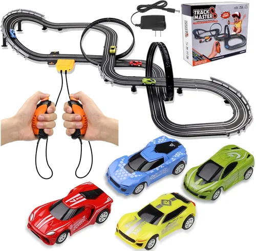 Vista 9 de Juego de pistas de carreras de autos de tragamonedas, pista eléctrica de 19 pies con luces LED y 4 autos de tragamonedas, 2 controladores de mano