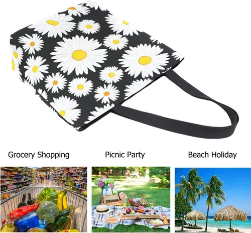Vista 4 de Elegante bolsa de hombro extragrande con estampado para viajes a la playa, fin de semana, gimnasio, compras de comestibles.., Daisy Flower, Casual