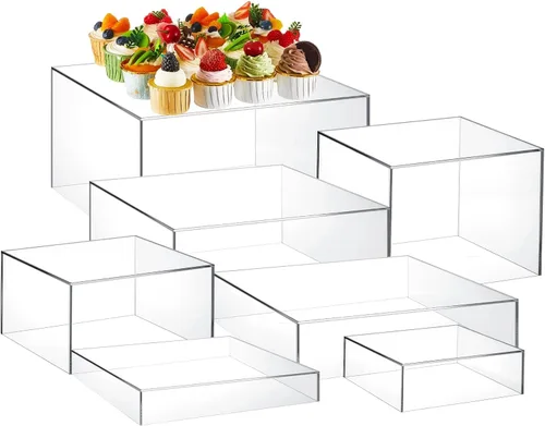 Vista 26 de Leinuosen Juego de 7 Elevadores Grandes para Buffet de 6" a 12" Caja de Exhibición de Acrílico Elevador de Mesa de Postres para Catering Soporte