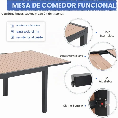 Vista 5 de Soleil Jardin Mesa de Comedor Extensible de Aluminio para Patio, 63" - 105", Mesa Rectangular Ajustable para Interiores y Exteriores con Superficie