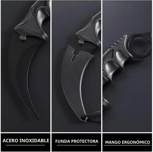 Vista 2 de Karambit - Cuchillo táctico de hoja fija, 2 piezas de acero inoxidable para exteriores, cuchillo de caza con funda y cable, adecuado para Negro