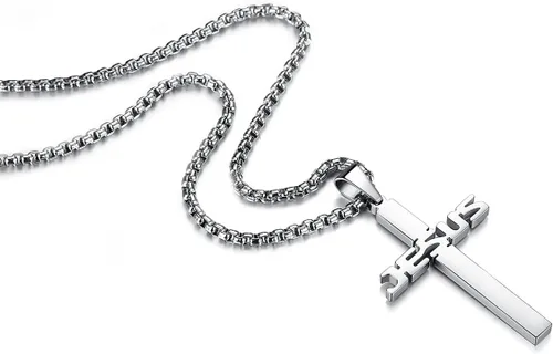 Vista 2 de REVEMCN Collar con colgante de cruz de Jesús de acero inoxidable para hombres y mujeres, cadena Rolo de 20 a 24 pulgadas, regalos cristianos