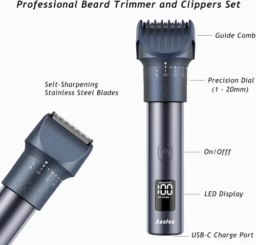 Vista 4 de Aesfee - Juego de recortadora de barba profesional 3 en 1 y cortadora de pelo para hombres, resistente al agua IPX7, kit de afeitadora eléctrica