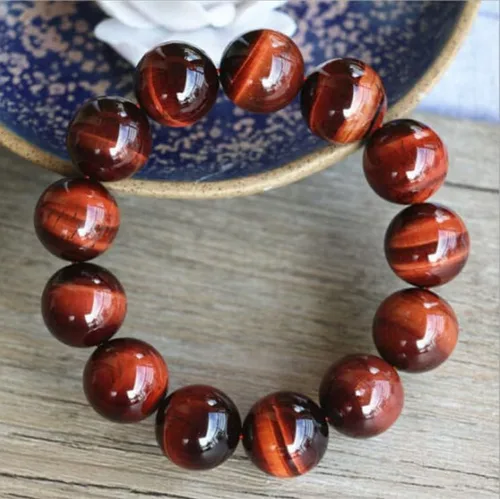 Vista 2 de Pulsera elástica de cuentas redondas de ojo de tigre rojo natural real de 7.5 pulgadas (tamaño 0.551in, color rojo)