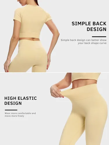 Vista 3 de JOLLMONO Conjunto de 2 piezas de manga corta para mujer, sin costuras, conjunto de camiseta corta para mujer