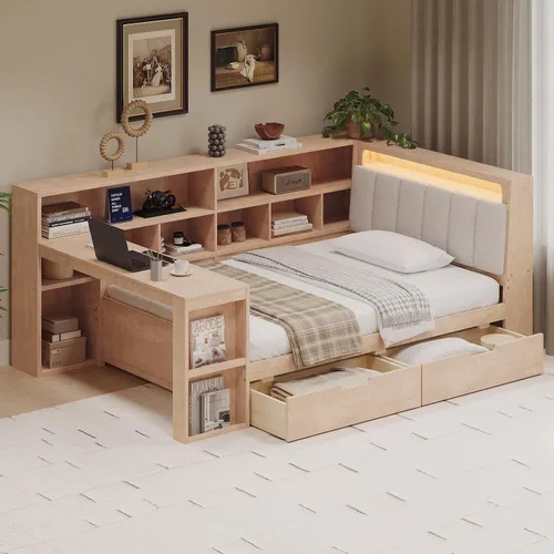 Vista 52 de VilroCaz Cama de sofá de tamaño individual de madera con estantes de almacenamiento y escritorio de estudio, estructura de cama de día Blanco
