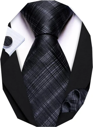 Vista 77 de Barry.Wang Juego de corbatas a cuadros para hombre con pañuelo gemelos de rayas clásicas