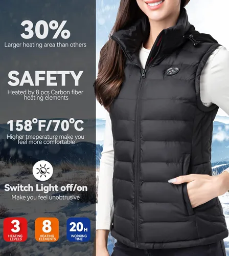 Vista 2 de iHood Chaleco térmico para mujer con paquete de batería, chaleco térmico para mujer con capucha retráctil térmica, lavable con calefacción