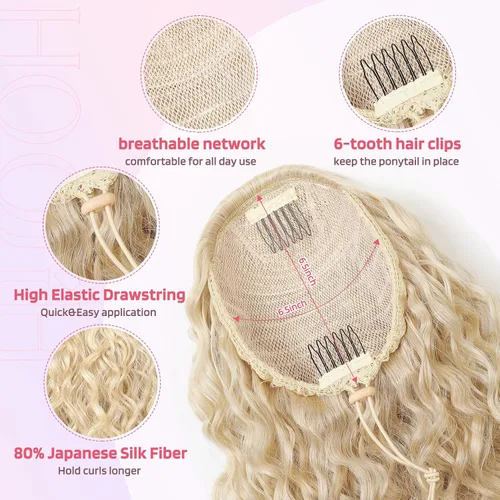 Vista 7 de HOOJIH Extensión de cola de caballo, extensiones de cabello rizado ondulado con cordón, extensiones de cola de caballo falsas extra esponjosas Rubio