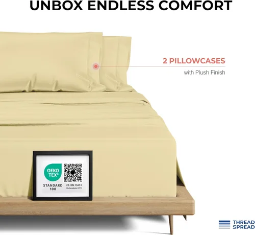 Vista 3 de Thread Spread Fundas de Almohada de Algodón Egipcio 100% Tamaño Estándar/Queen Juego de 2 - Fundas de Almohada Beige Satén de Lujo con Cuenta