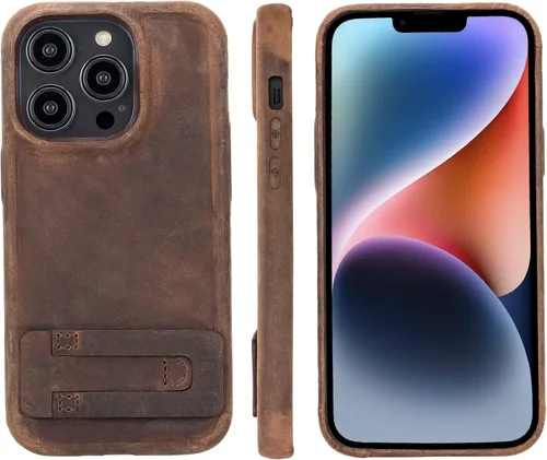Vista 9 de Bayelon Funda de casco para iPhone 14 Plus - Funda delgada 360 de grano completo - Funda de cuero con función de atril (marrón oscuro)