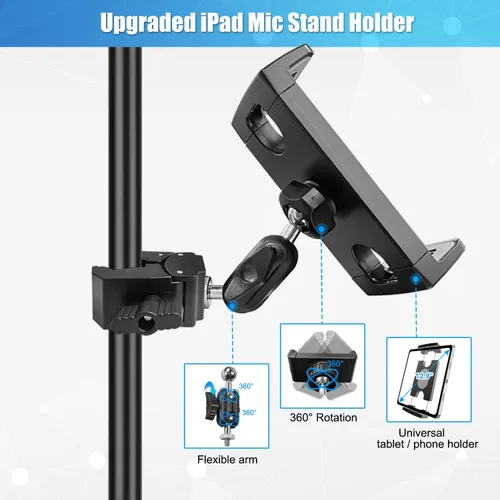 Vista 3 de Soporte de micrófono para tableta, soporte giratorio de 360° para iPad soporte para teléfono iPad soporte para micrófono, cinta de correr, bicicleta