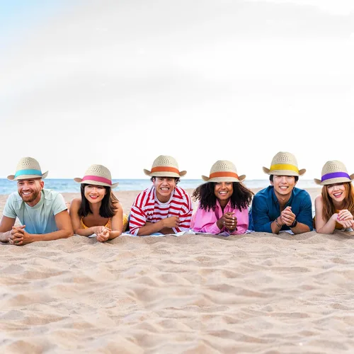 Vista 4 de Wesiti 12 sombreros para hombres y mujeres, sombreros de Panamá con banda colorida, sombrero de vaquero para verano, piscina, fiesta en la playa