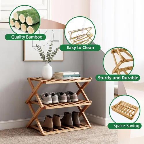 Vista 4 de Zapatero de bambú de 3 niveles, organizador plegable de almacenamiento de zapatos para armario, dormitorio, entrada y sala de estar, diseño portátil