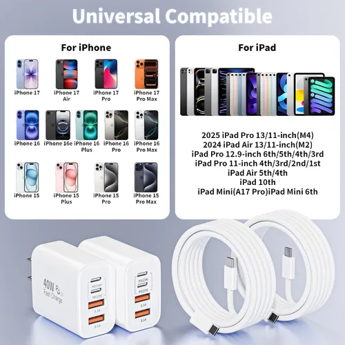 Vista 8 de Cargador de carga rápida para iPhone 17 16 15 Pro Max de 10 pies, 40 W, paquete de 2 4 puertos PD y AC, cable de carga rápida USB C a C de 10 pies