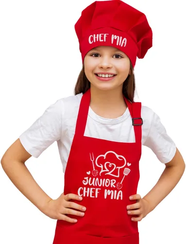 Vista 2 de Juego de delantal personalizado para niños con sombrero, delantal ajustable impermeable con 2 bolsillos para cocinar, hornear, pintar y arte, regalo