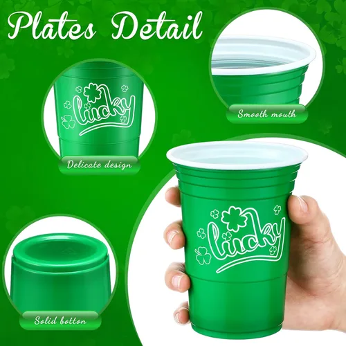 Vista 3 de Pickmesh 50 piezas de vasos de plástico para el Día de San Patricio de 16 onzas con diseño de trébol de la suerte, vasos desechables