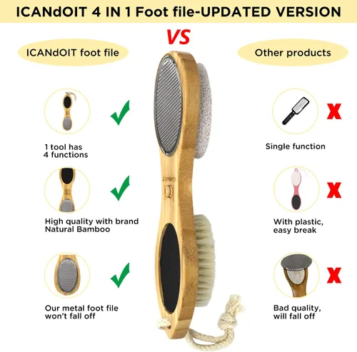 Vista 8 de ICDI ICANdOIT - Lima de bambú natural para pies, removedor de callos multiusos 4 en 1 pies, kit de pedicura con cepillo de cerdas de jabalí, piedra