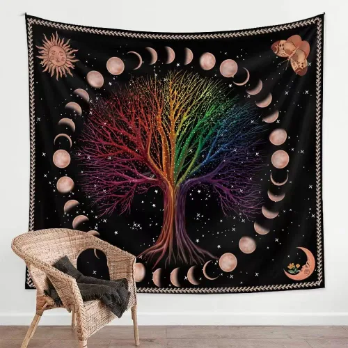 Vista 3 de Tapiz de árbol de la vida, misterioso árbol de los deseos, tapiz de arte estético para colgar en la pared, psicodélico, hippie, bohemio, arte