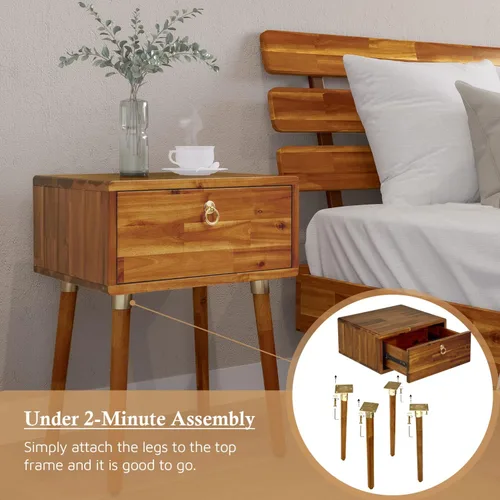 Vista 4 de Bme Caden Mesita de noche/Mesa auxiliar/Mesa de centro de madera maciza, completamente ensamblada, con 1 cajón para dormitorio y sala de estar