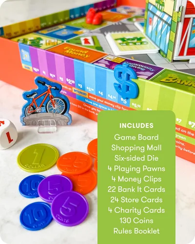 Vista 4 de SimplyFun BankIt! - Juego de dinero para niños - Aprende a ahorrar, gastar, donar, ganar intereses bancarios y más - Juego para niños de 8 años