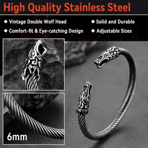 Vista 5 de FaithHeart Brazalete vikingo para hombres y mujeres, brazalete de acero inoxidable con diseño de alambre punk cuervolobodragón